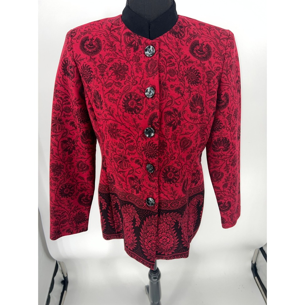 Positive Attitude Women's Petite 8P Red Black Paisley Border Print Blazer